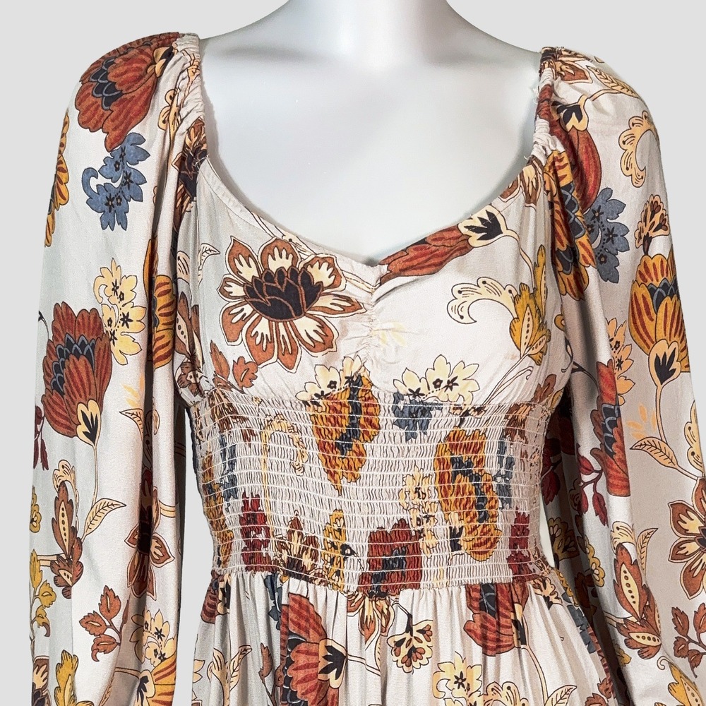 Angie Floral Smocked Tiered Boho Mini Dress Womens M Autumn Floral Boho